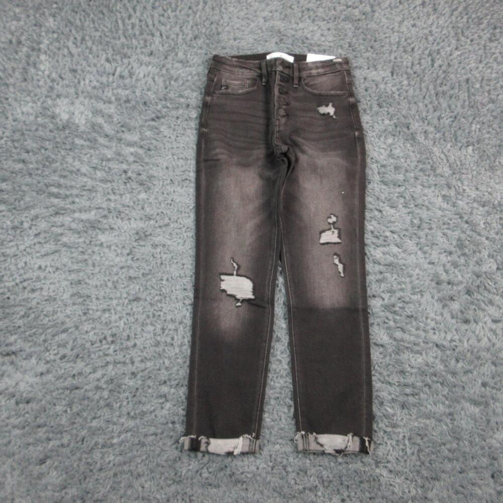 KanCan Jeans Womens 5/26 Black Skinny Distressed Cuffed Button Fly 26x25* NWT